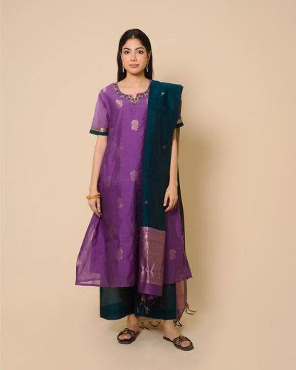 Royal Purple Silk Cotton Handcrafted Aari Work Kurta Set