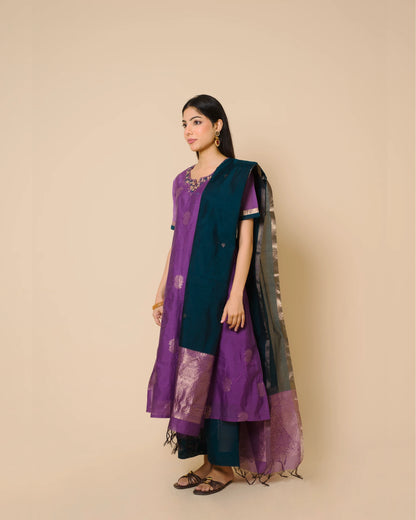 Royal Purple Silk Cotton Handcrafted Aari Work Kurta Set