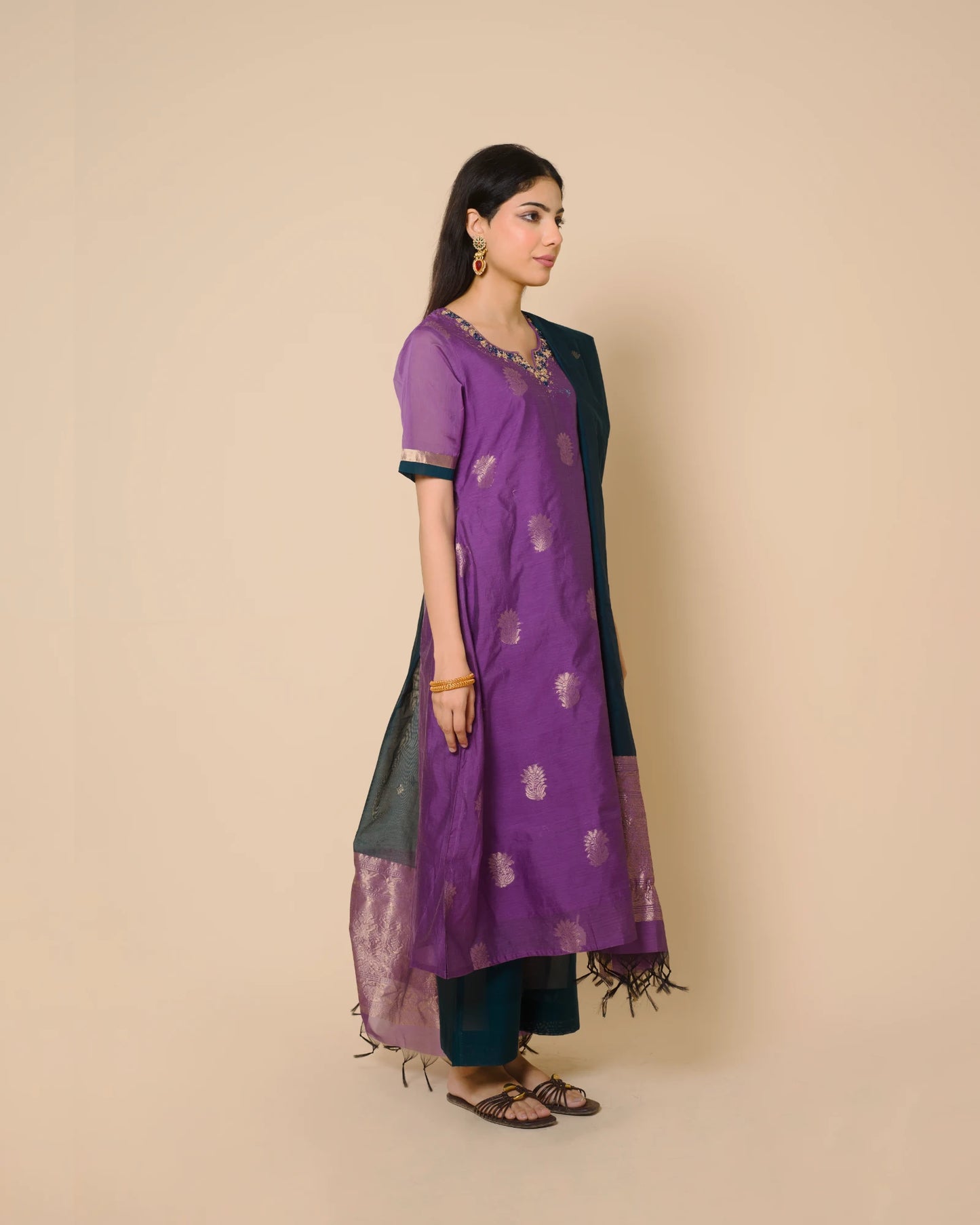 Royal Purple Silk Cotton Handcrafted Aari Work Kurta Set