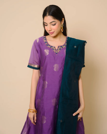 Royal Purple Silk Cotton Handcrafted Aari Work Kurta Set