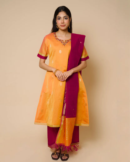 Golden Marigold Silk Cotton Handcrafted Aari Work Kurta Set