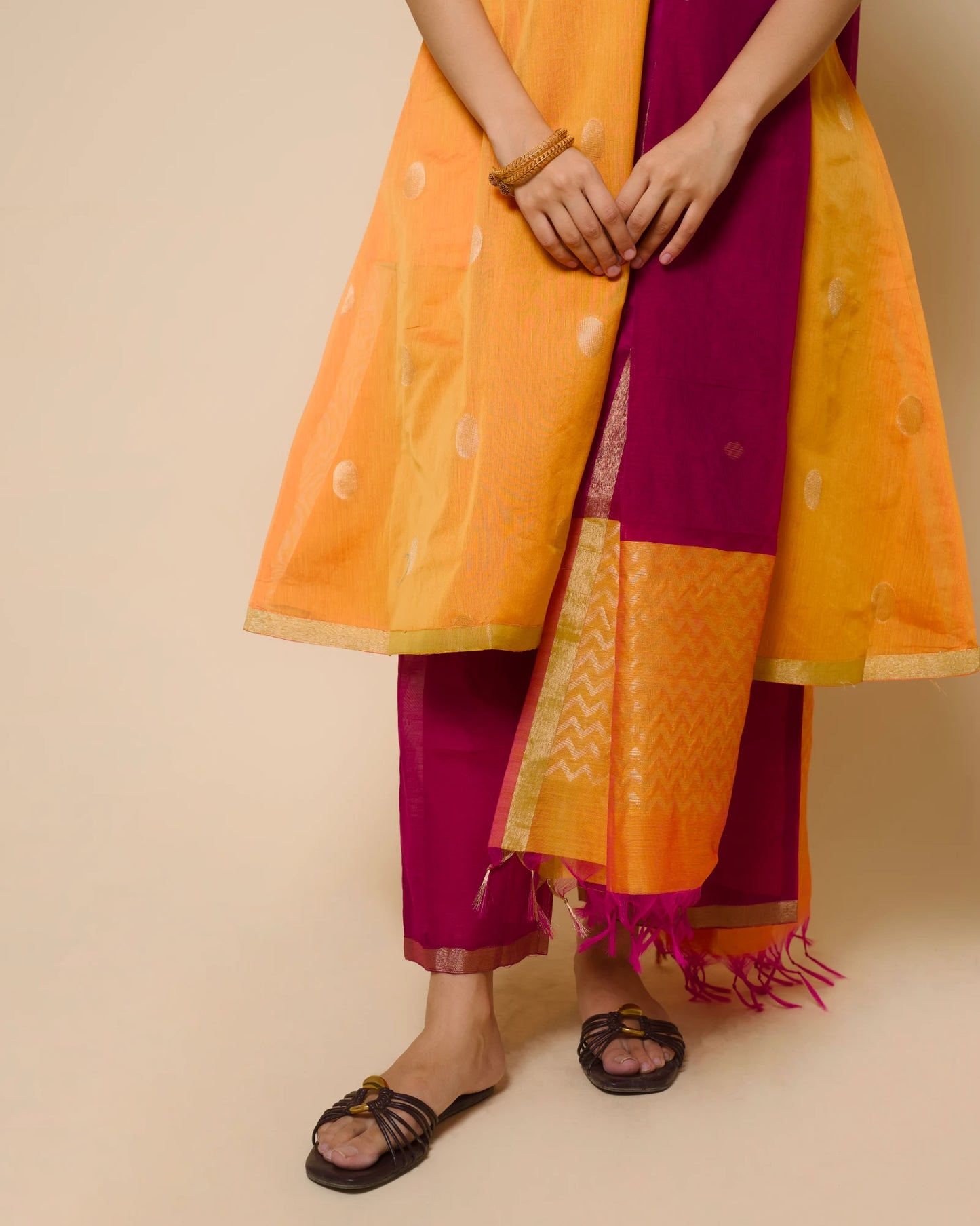Golden Marigold Silk Cotton Handcrafted Aari Work Kurta Set