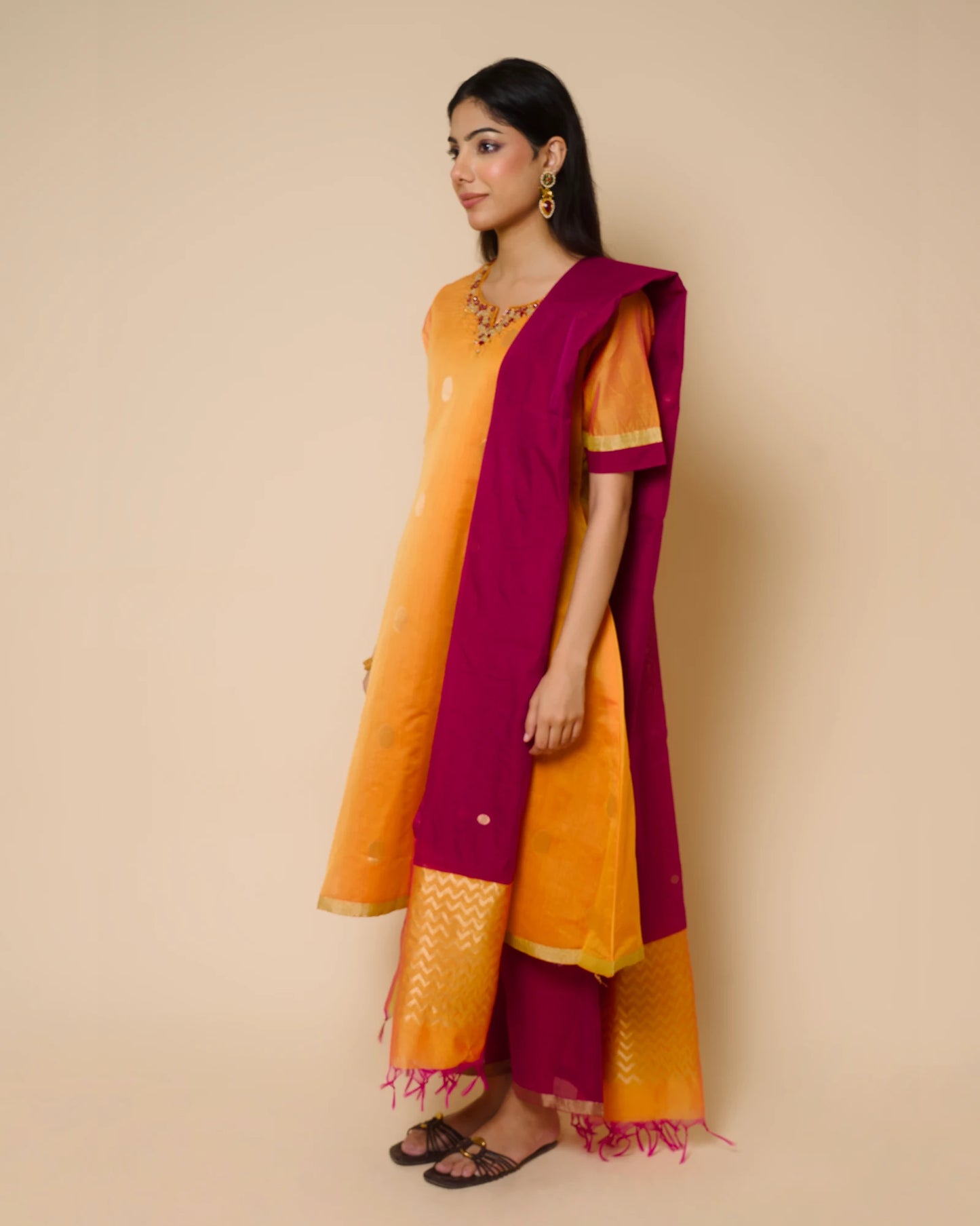 Golden Marigold Silk Cotton Handcrafted Aari Work Kurta Set