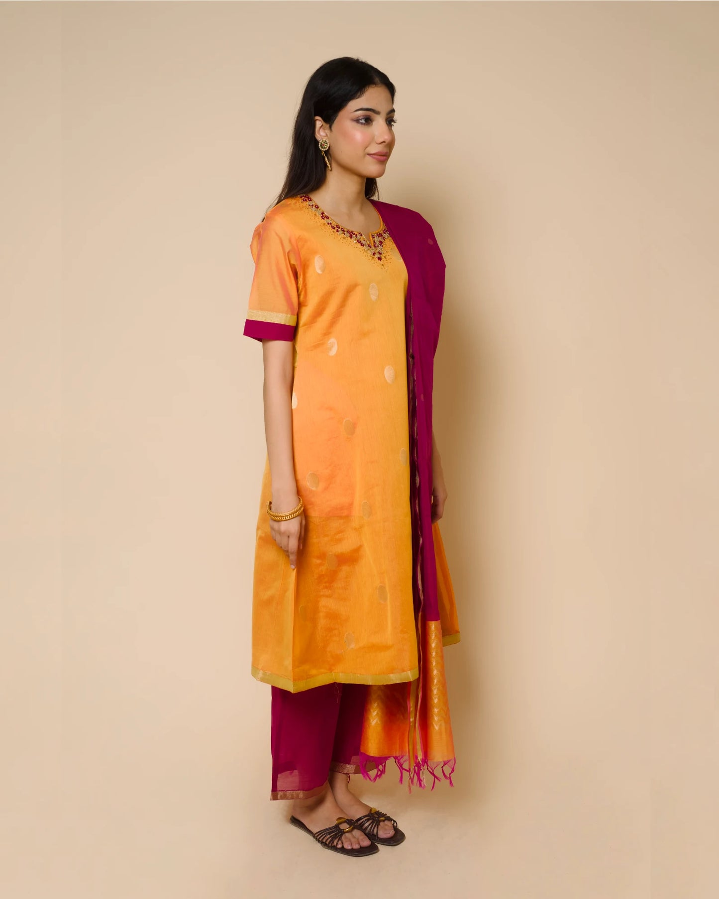 Golden Marigold Silk Cotton Handcrafted Aari Work Kurta Set