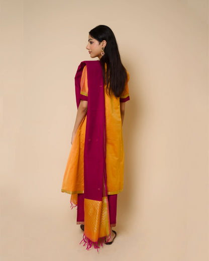Golden Marigold Silk Cotton Handcrafted Aari Work Kurta Set