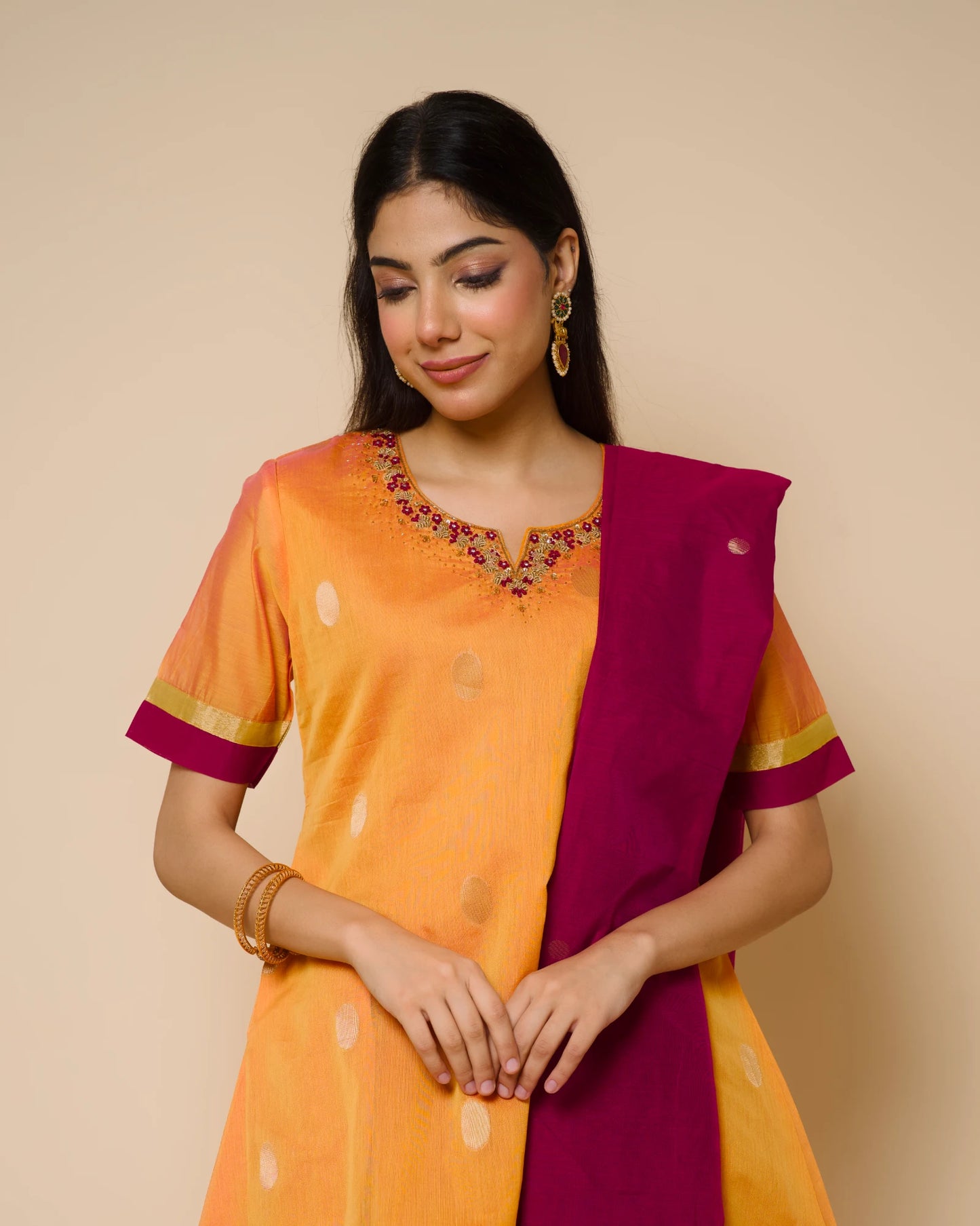 Golden Marigold Silk Cotton Handcrafted Aari Work Kurta Set