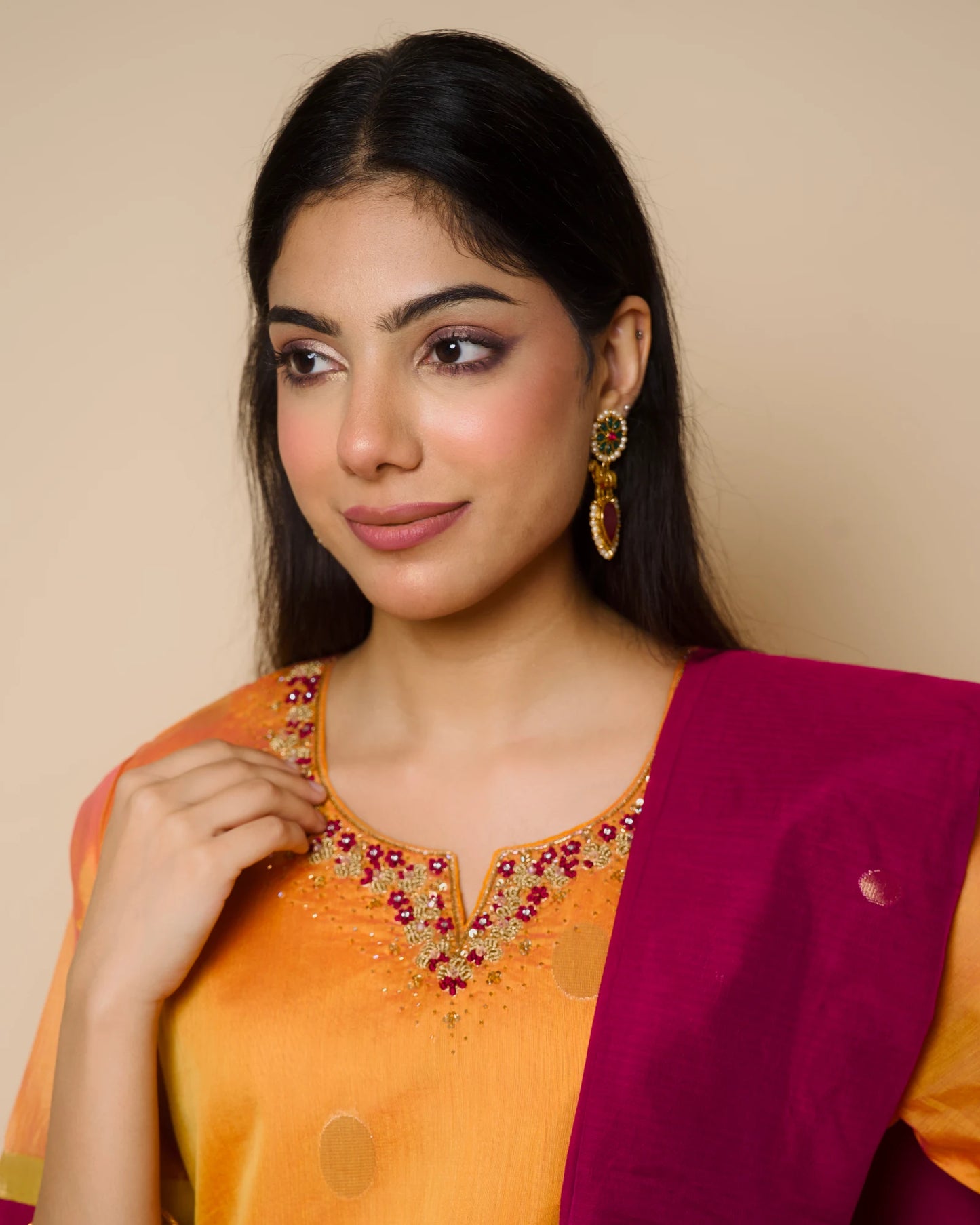 Golden Marigold Silk Cotton Handcrafted Aari Work Kurta Set