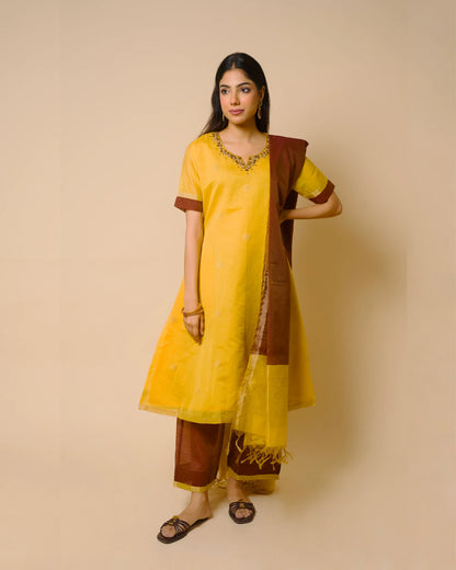 Mango Yellow Silk Cotton Handcrafted Aari Work Kurta Set