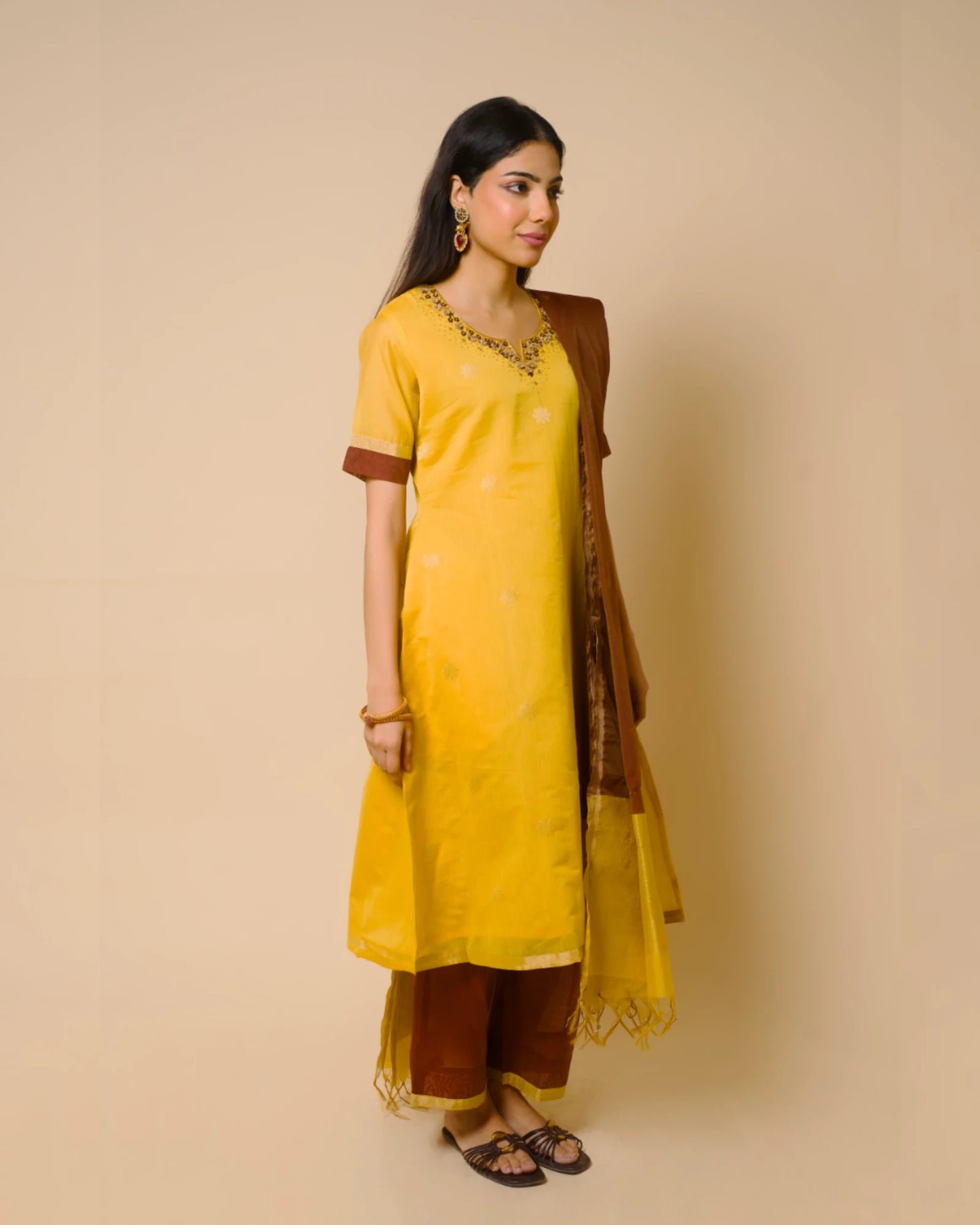 Mango Yellow Silk Cotton Handcrafted Aari Work Kurta Set
