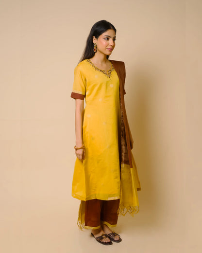 Mango Yellow Silk Cotton Handcrafted Aari Work Kurta Set