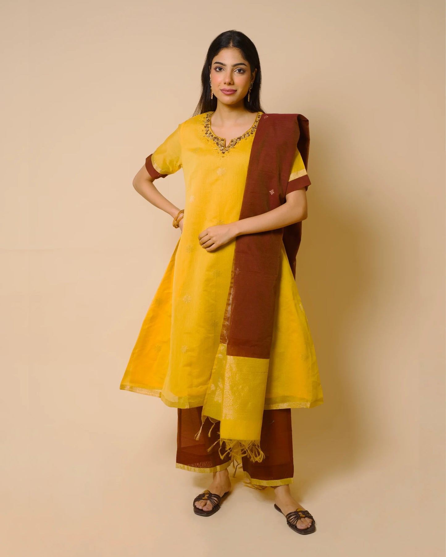 Mango Yellow Silk Cotton Handcrafted Aari Work Kurta Set