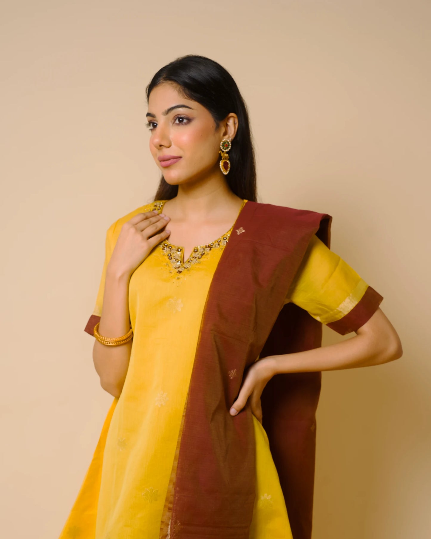 Mango Yellow Silk Cotton Handcrafted Aari Work Kurta Set
