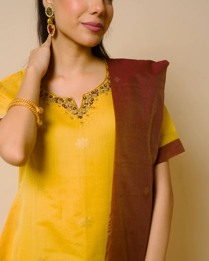 Mango Yellow Silk Cotton Handcrafted Aari Work Kurta Set