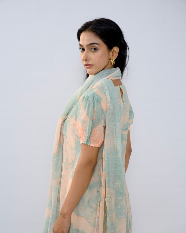 Marble orange linen women kurta set