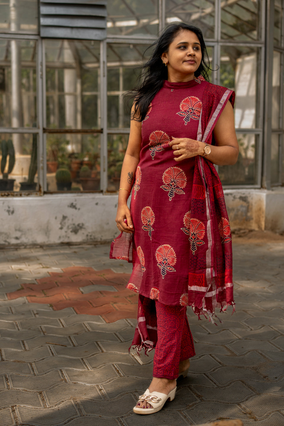 Floral Charm Maroon Hand Block Kurta Set