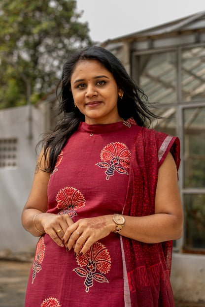 Floral Charm Maroon Hand Block Kurta Set