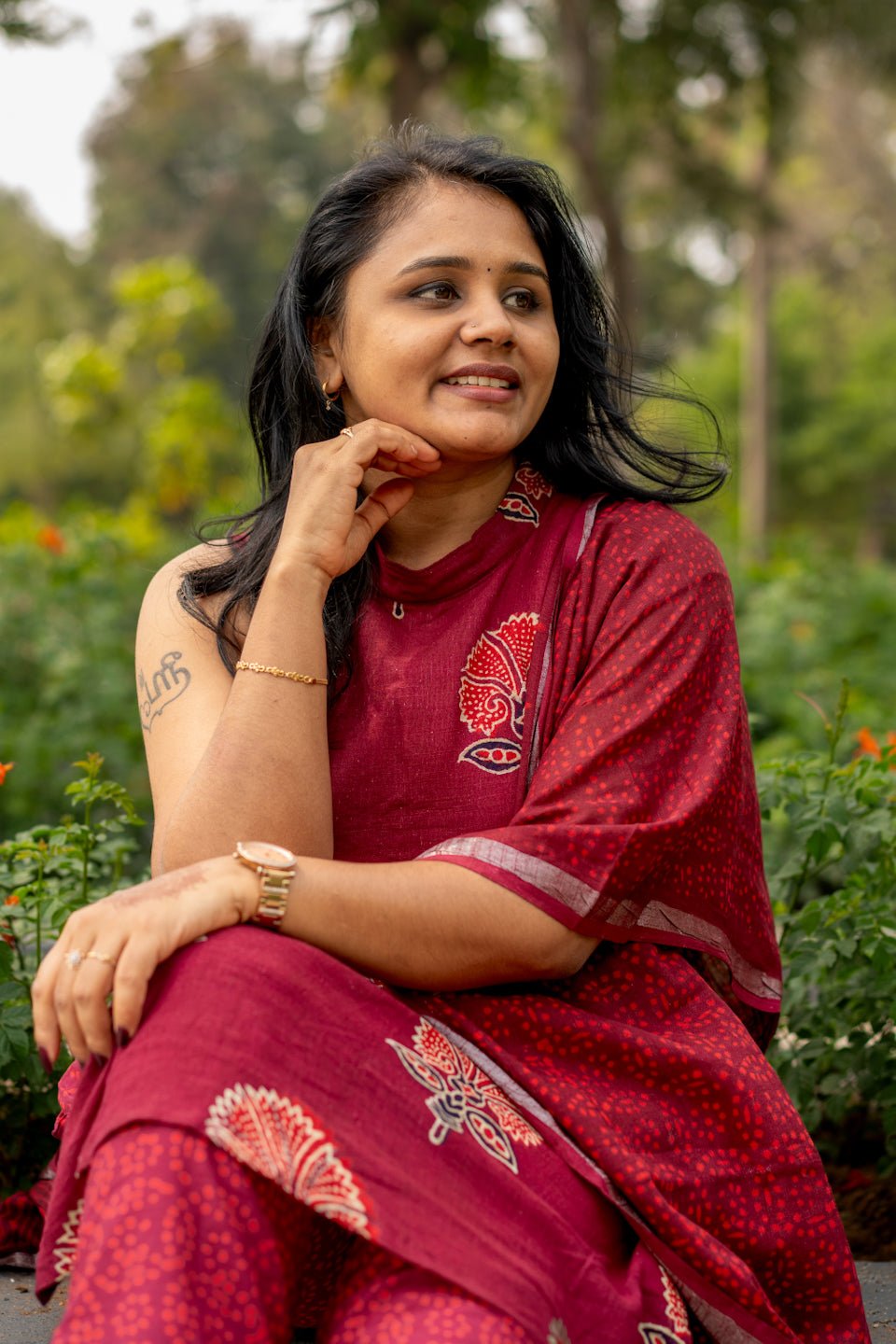 Floral Charm Maroon Hand Block Kurta Set