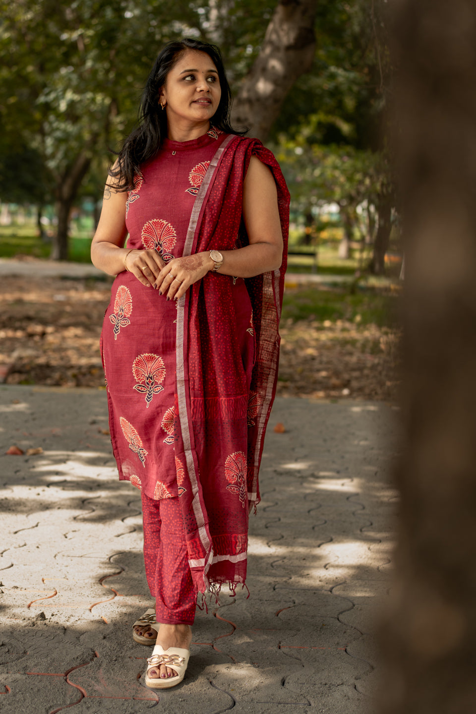 Floral Charm Maroon Hand Block Kurta Set