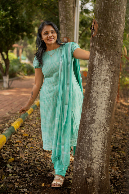 Seafoam Green linen Cotton Kurta Suit