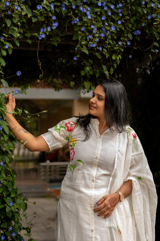 Floral Ivory Everyday linen cotton Kurta Set with Dupatta