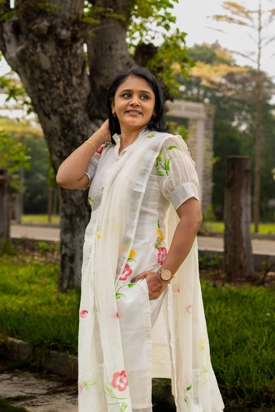 Floral Ivory Everyday linen cotton Kurta Set with Dupatta