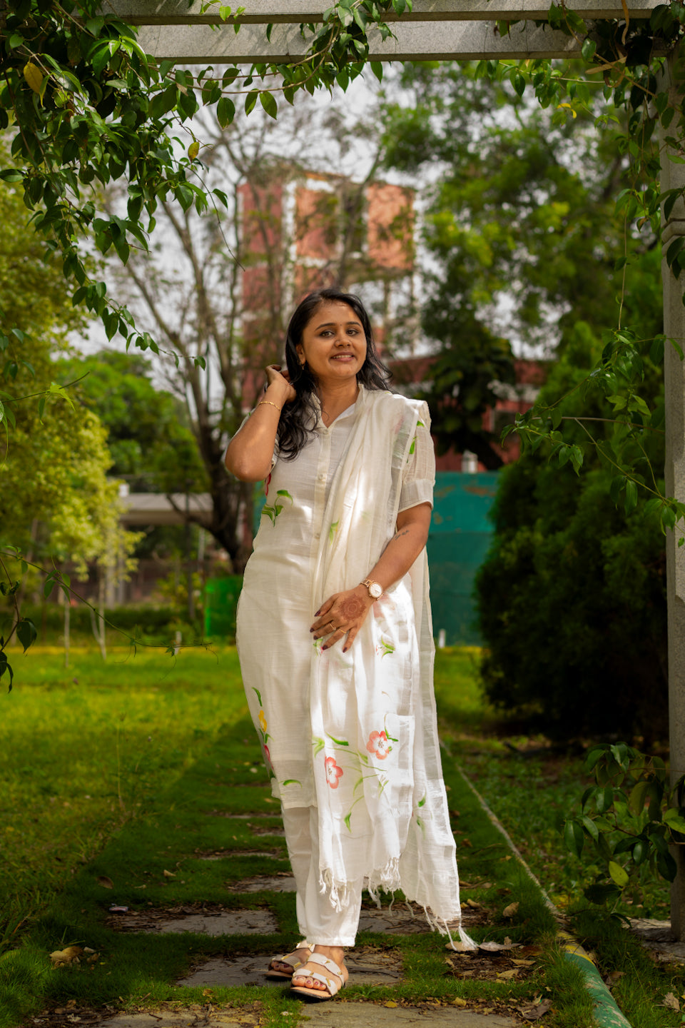 Floral Ivory Everyday linen cotton Kurta Set with Dupatta