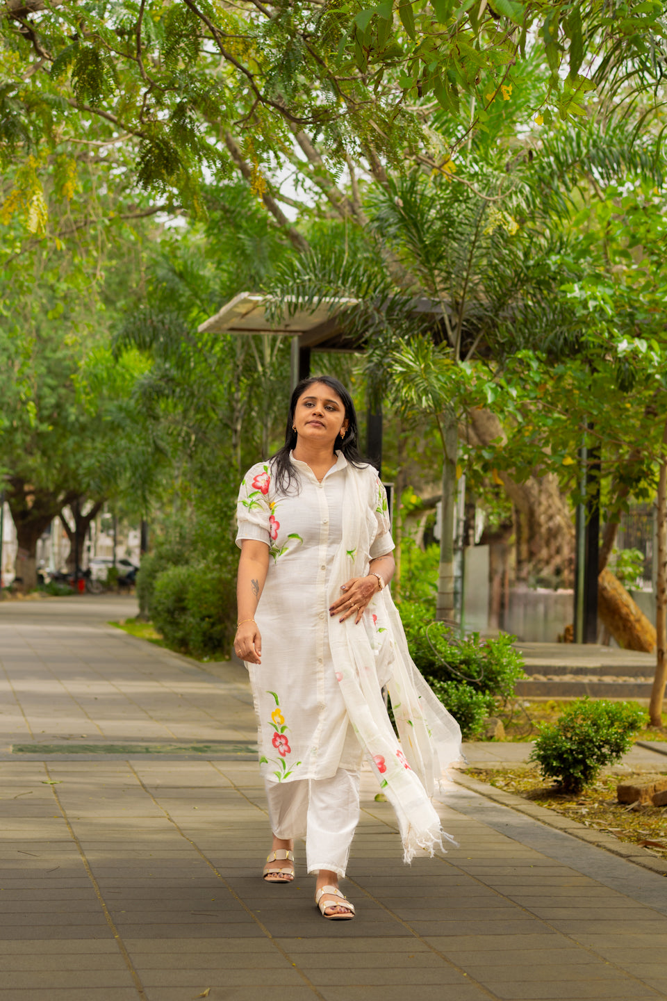 Floral Ivory Everyday linen cotton Kurta Set with Dupatta