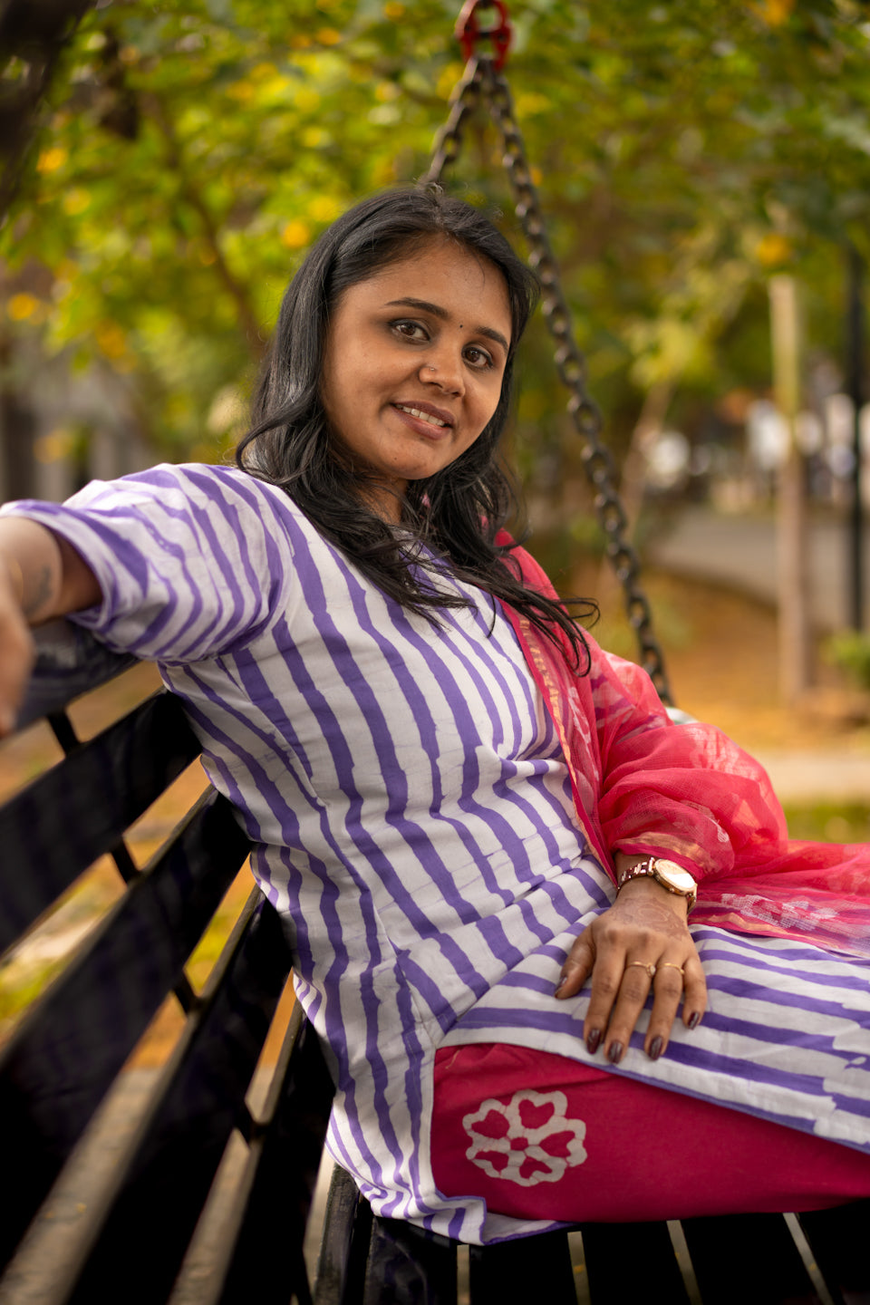 OliveDrab Women’s Lavender & Pink Striped Cotton Kurta Set with Dupatta