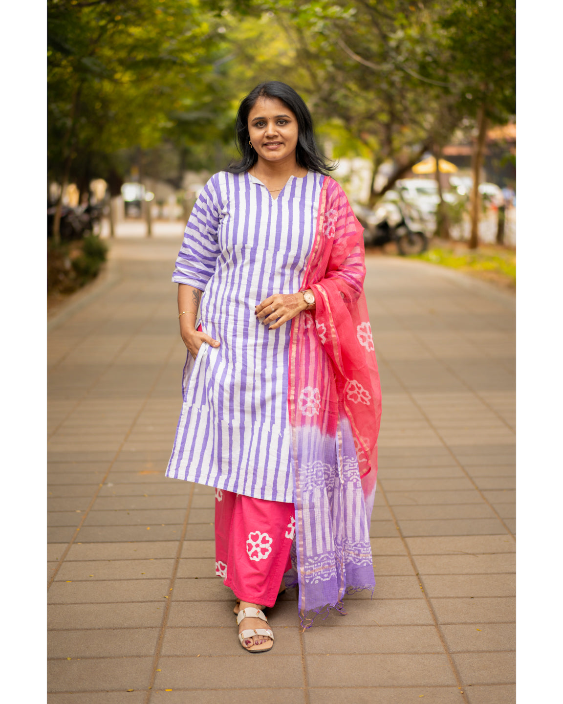 OliveDrab Women’s Lavender & Pink Striped Cotton Kurta Set with Dupatta