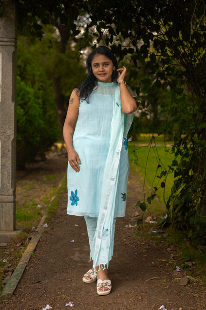 Aqua bloom linen pure cotton kurta suit (sleeves attached)