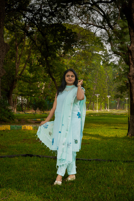 Aqua bloom linen pure cotton kurta suit (sleeves attached)