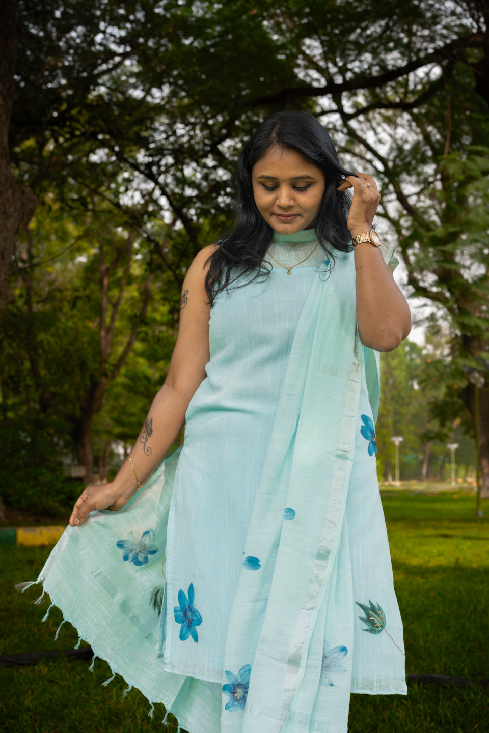 Aqua bloom linen pure cotton kurta suit (sleeves attached)