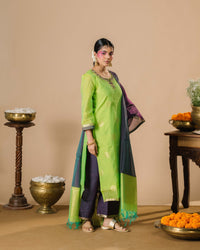 Lime Green Silk Cotton Handcrafted Aari Work Kurta Set