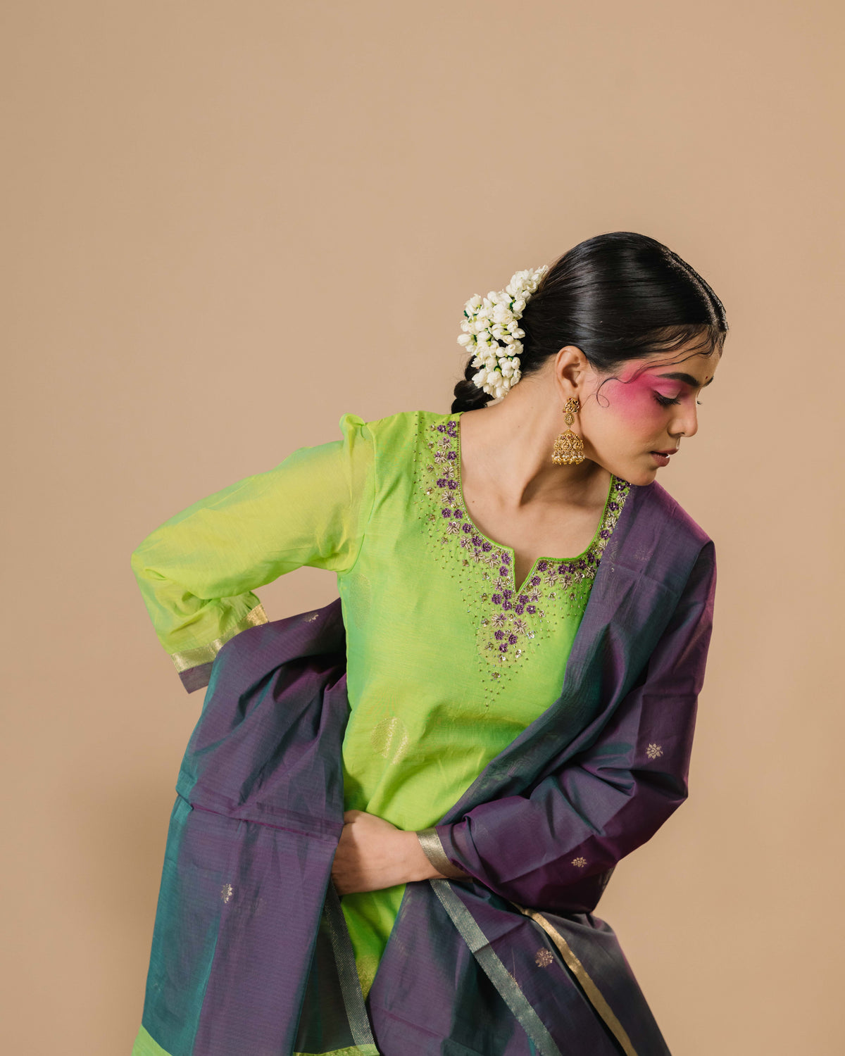 Lime Green Silk Cotton Handcrafted Aari Work Kurta Set
