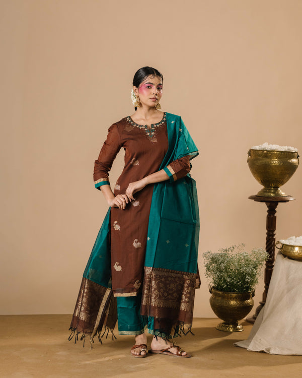 Mocha Brown Silk Cotton Handloom Aari Work Kurta Set