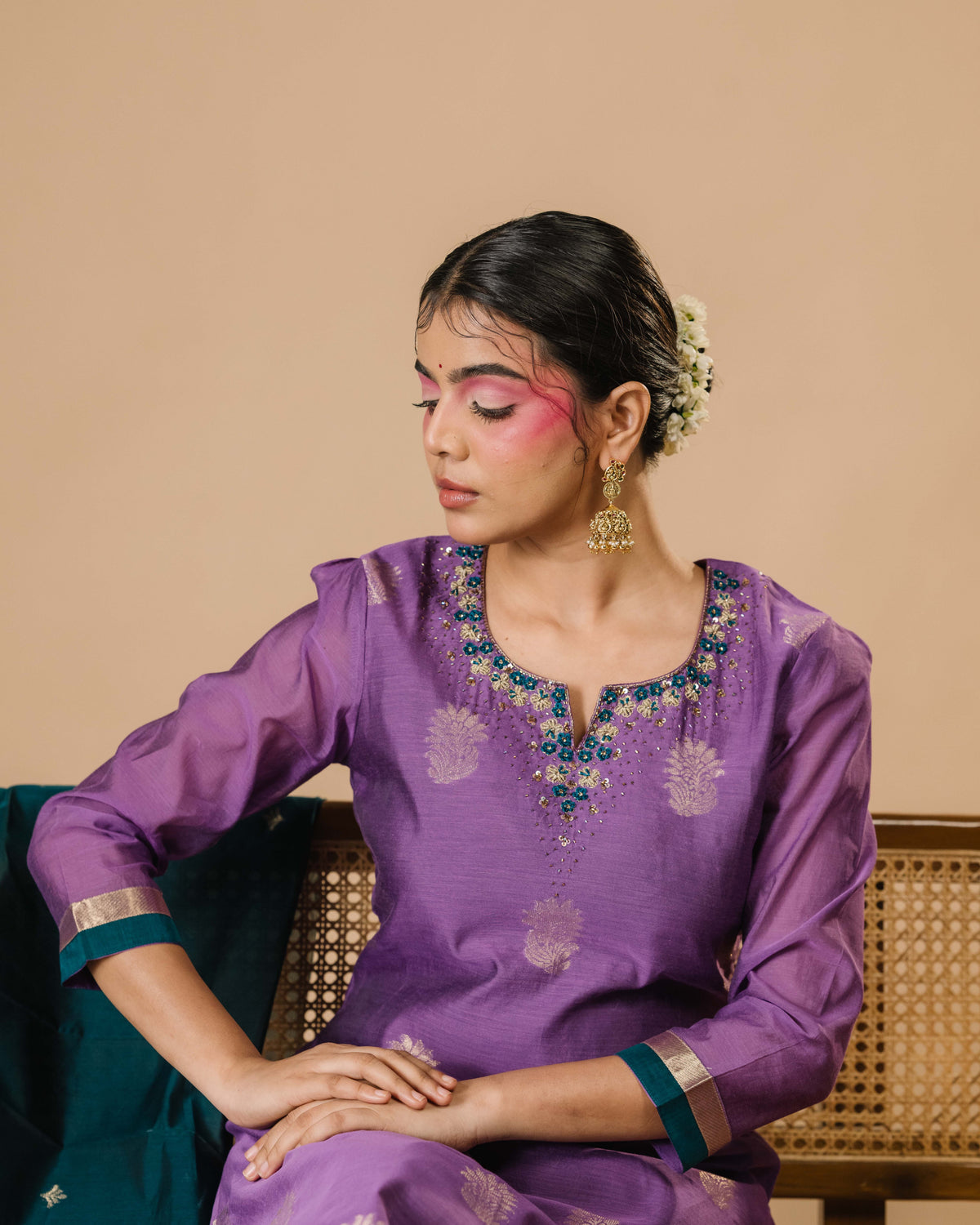 Royal Purple Silk Cotton Handcrafted Aari Work Kurta Set