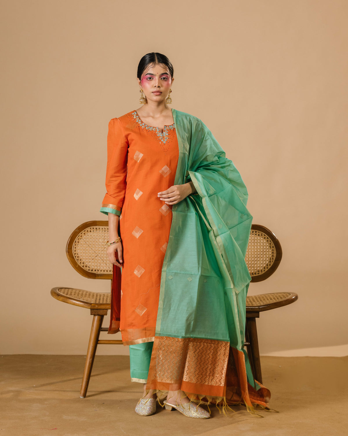 Sunset Rusty Silk Cotton Handloom Aari Work Kurta Set