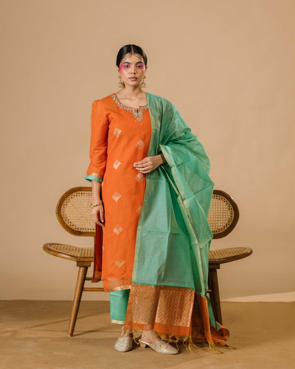Sunset Rusty Silk Cotton Handloom Aari Work Kurta Set
