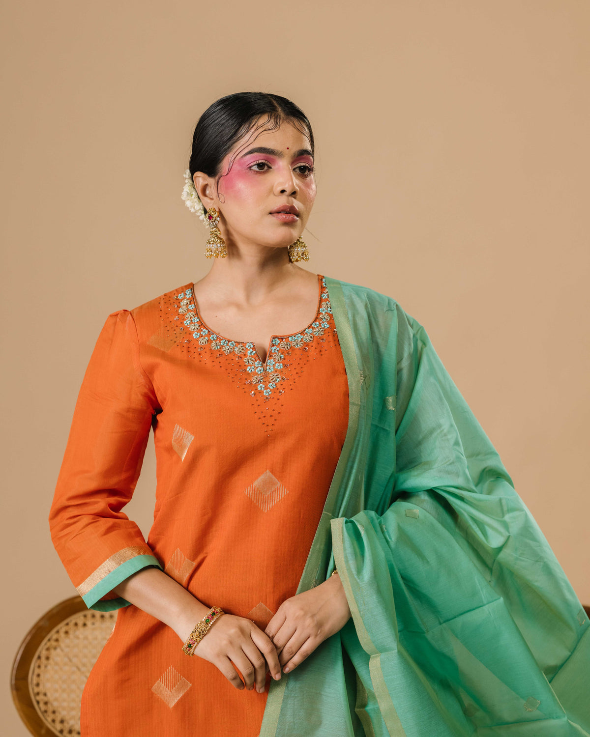 Sunset Rusty Silk Cotton Handloom Aari Work Kurta Set