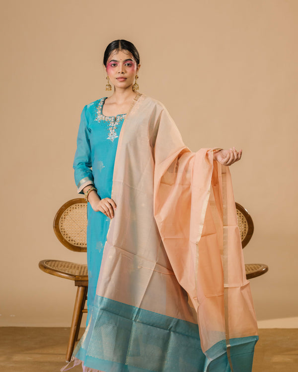 Azure Blue Silk Cotton Handloom Aari Work Kurta Set