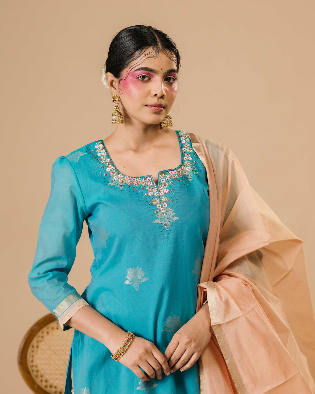 Azure Blue Silk Cotton Handloom Aari Work Kurta Set