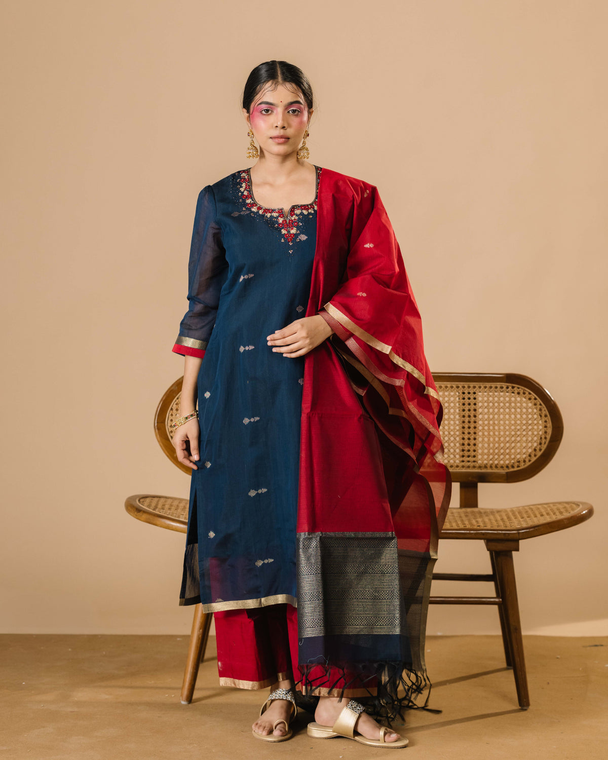 Midnight Blue hand Embroidered silk cotton Kurta Set with Red Dupatta