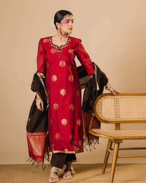 Ruby Red Silk Cotton Handloom Aari Work Kurta Set