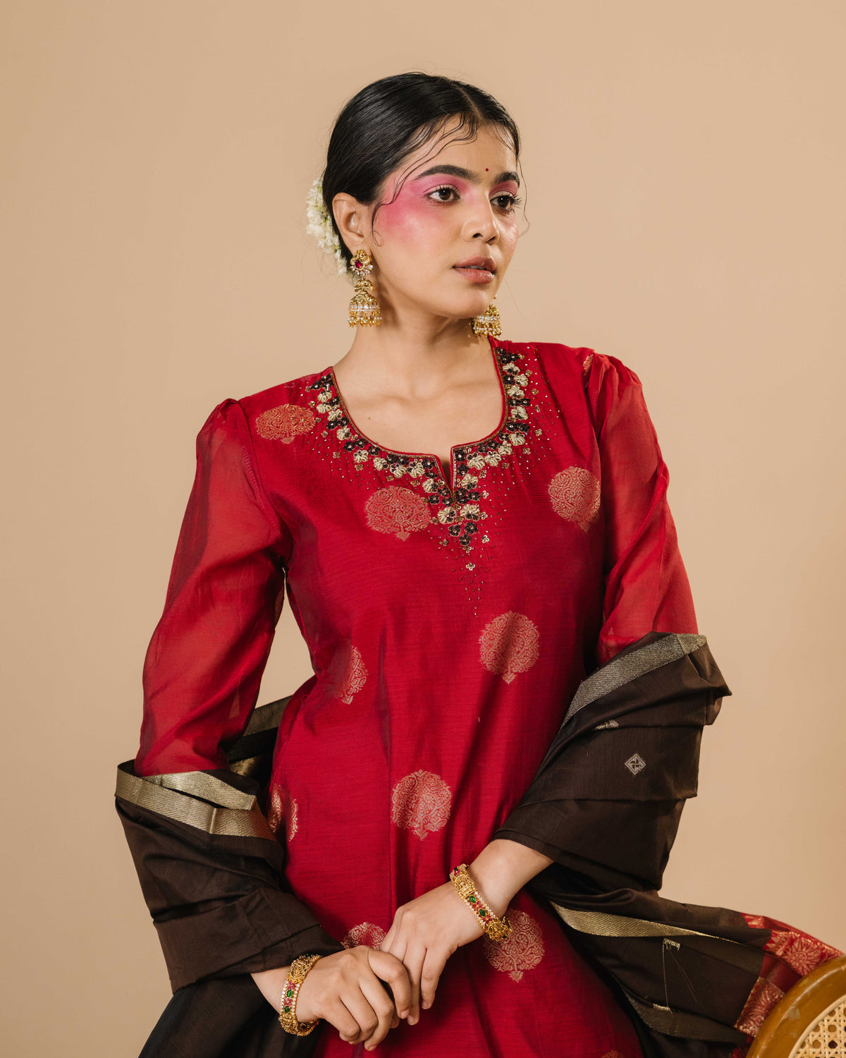 Ruby Red Silk Cotton Handloom Aari Work Kurta Set