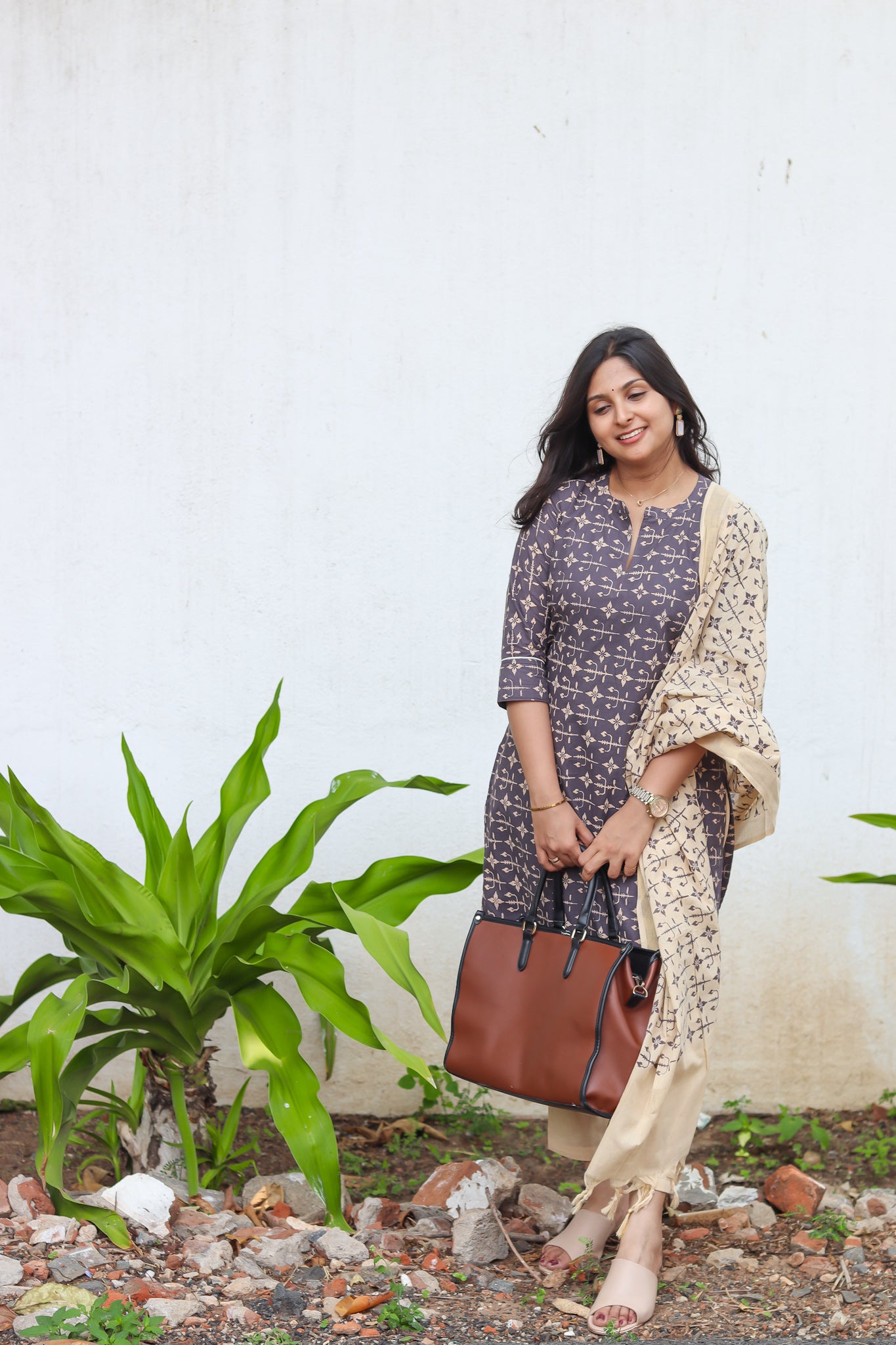 Dark grey & cream pure cotton printed handloom women kurta set