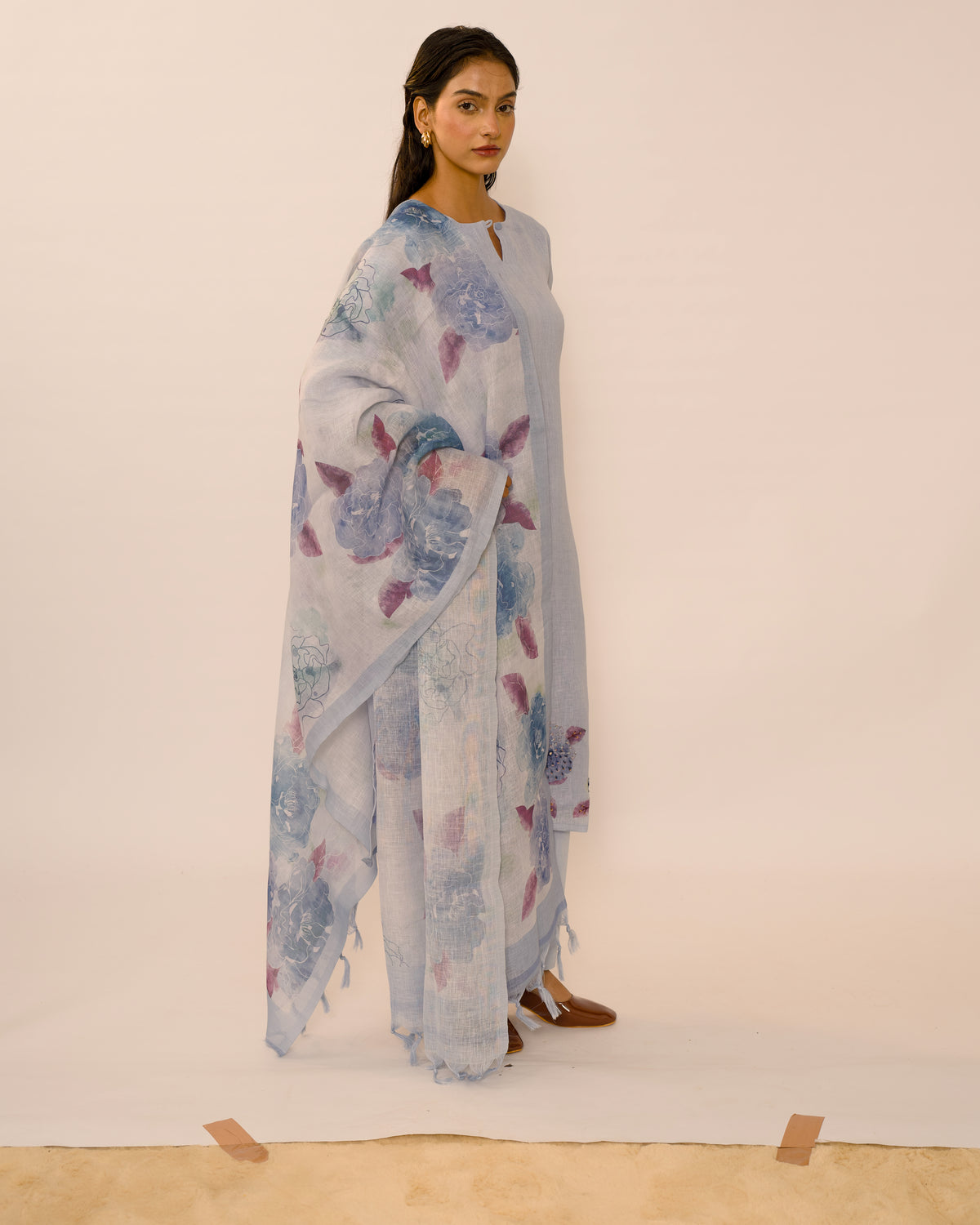 Blue Haze Hand-Embroidered Linen Kurta Set