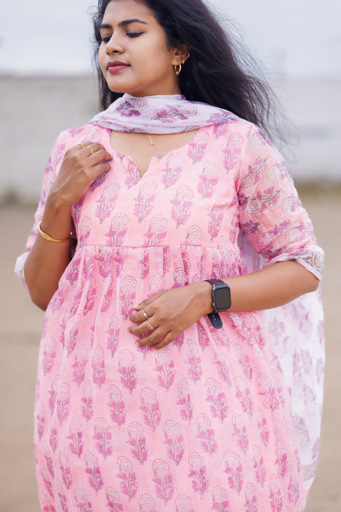 Candy pink and white Kota Jaipur cotton suit