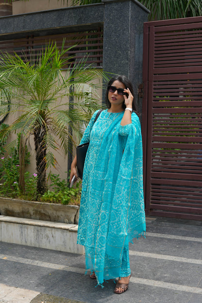 Turquoise Jaipur Hand Block Print Kandha Cotton Kurta Set