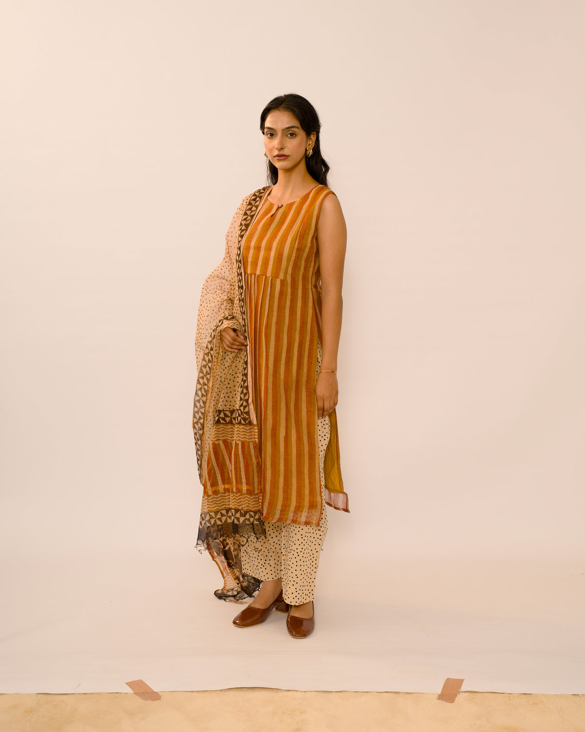 Amber Stripe Kota Cotton Kurta Set with Kota Doria Dupatta