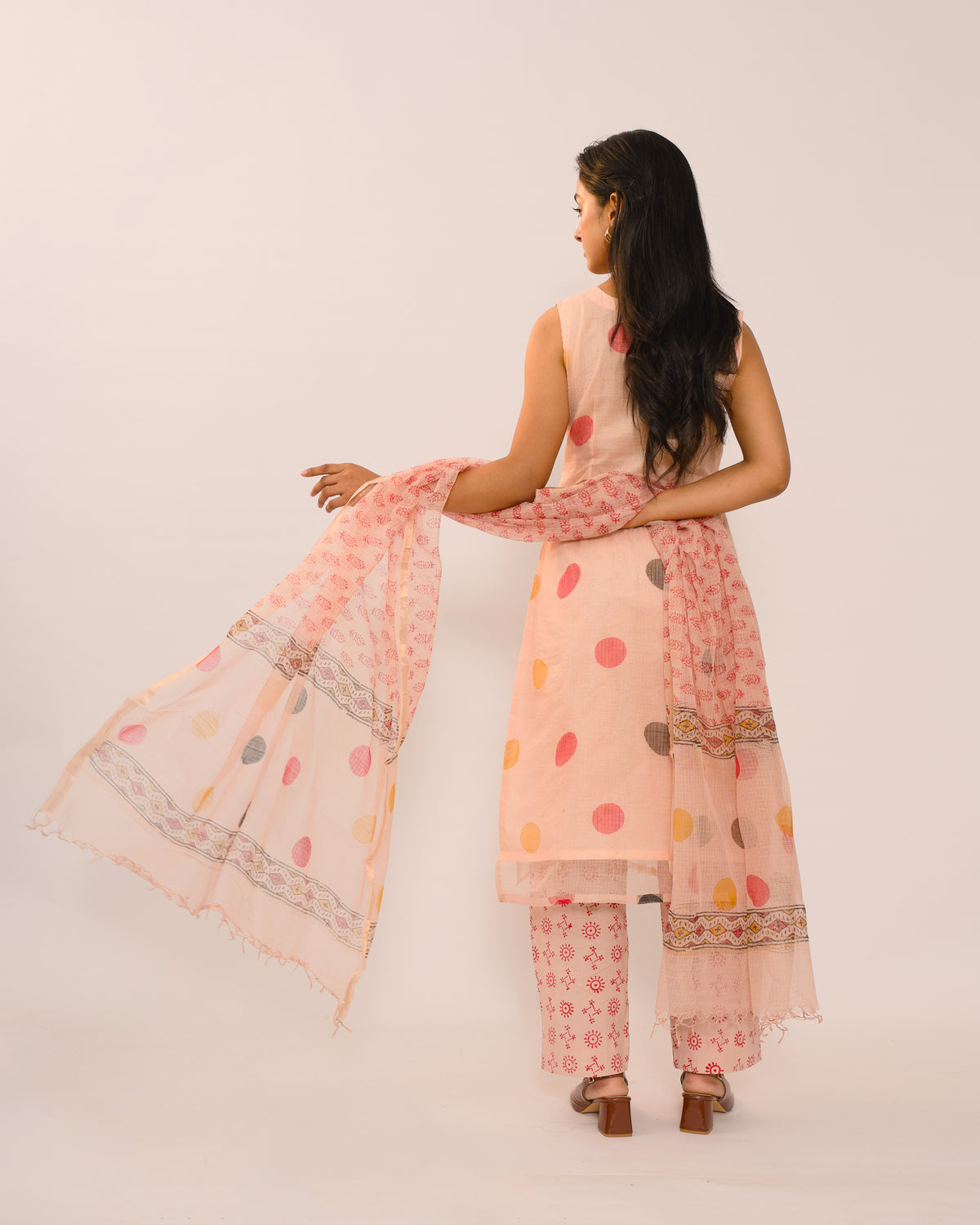 Peach Polka Dot Kota Cotton Kurta Set